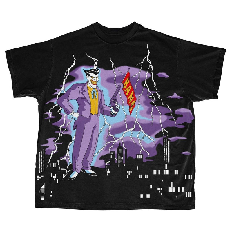 Classic DC Comics cartoon t-shirt featuring Batman, Joker and Harley Quinn in vintage comic book art style, retro graphic print inspired by classic DC cartoons, oversized streetwear t-shirt for fans of Batman Joker Harley Quinn and old school comic aesthetics
