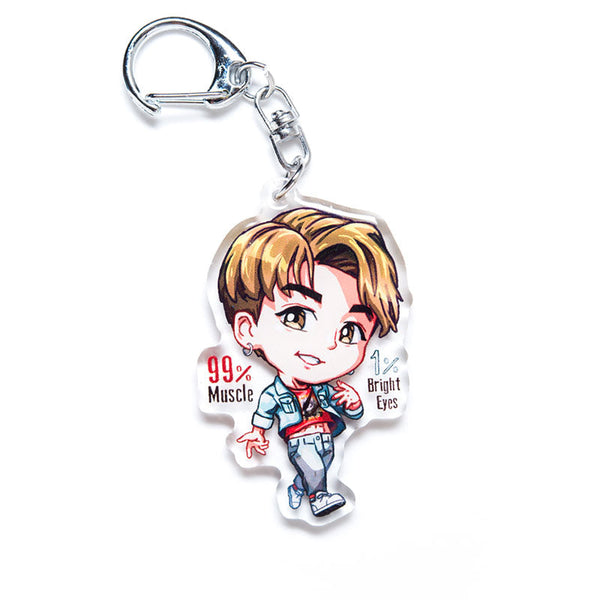 Premium BTS acrylic keychain featuring double-sided designs of all seven members: RM, Jin, Suga, J-Hope, Jimin, V, and Jungkook. Vibrant, scratch-resistant colors with a stylish glitter epoxy coating. Perfect for accessorizing backpacks, lanyards, and Ita bags. Durable silver D-clasp ensures long-lasting use. A must-have collectible and the perfect gift for ARMY and K-pop enthusiasts