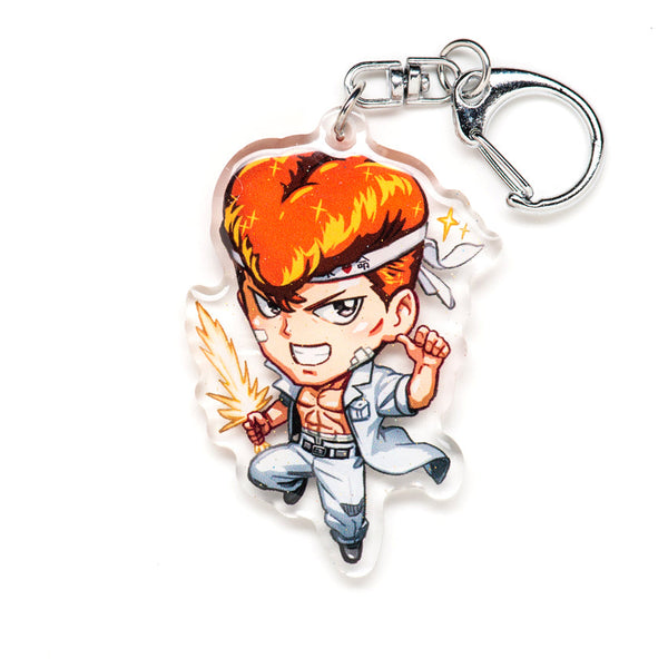 Classic Yu Yu Hakusho acrylic keychain featuring double-sided designs of Yusuke, Kurama, Hiei, Kuwabara, and Botan. Bold, vibrant, scratch-resistant colors with a glitter epoxy coating for an eye-catching look. Perfect for accessorizing backpacks, lanyards, and Ita bags. Durable silver D-clasp ensures long-lasting quality. A must-have collectible and the perfect gift for Yu Yu Hakusho fans and anime lovers!