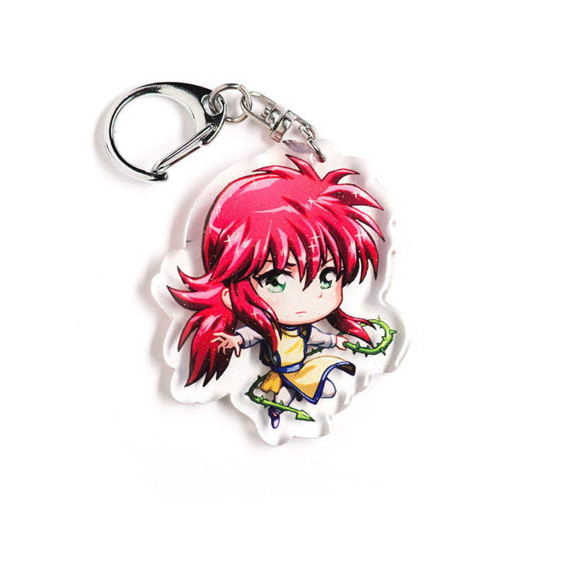 Classic Yu Yu Hakusho acrylic keychain featuring double-sided designs of Yusuke, Kurama, Hiei, Kuwabara, and Botan. Bold, vibrant, scratch-resistant colors with a glitter epoxy coating for an eye-catching look. Perfect for accessorizing backpacks, lanyards, and Ita bags. Durable silver D-clasp ensures long-lasting quality. A must-have collectible and the perfect gift for Yu Yu Hakusho fans and anime lovers!