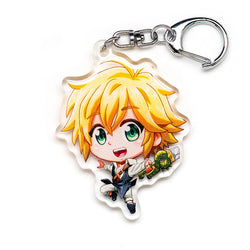 Epic Seven Deadly Sins acrylic keychain featuring double-sided designs of Meliodas, Elizabeth, Ban, King, Diane, Gowther, Merlin, and Escanor. Vibrant, scratch-resistant colors with a stunning glitter epoxy coating. Perfect for decorating backpacks, lanyards, and Ita bags. Durable silver D-clasp for lasting durability. A must-have collectible and the ultimate gift for Seven Deadly Sins and anime enthusiasts!