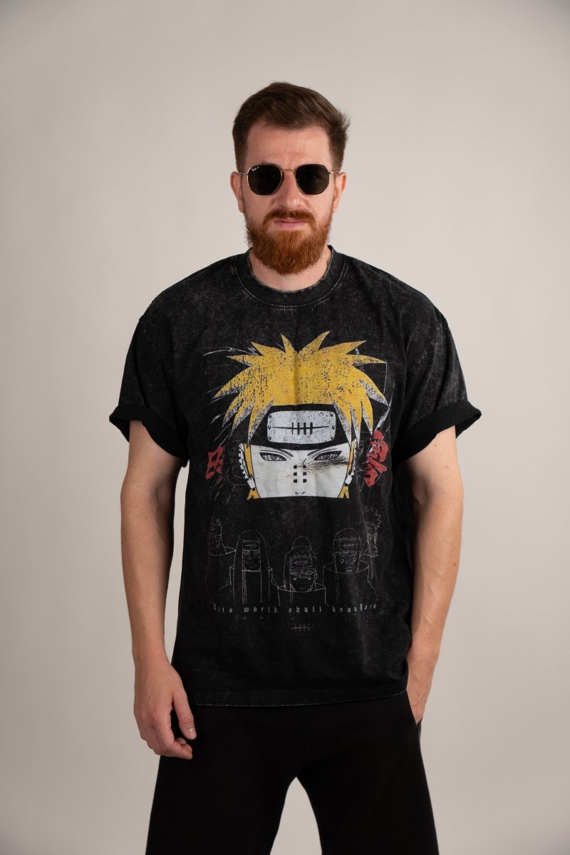 Naruto Oversized Anime T-Shirt featuring Naruto Uzumaki, Sasuke Uchiha and Kakashi Hatake, vintage washed black cotton streetwear
