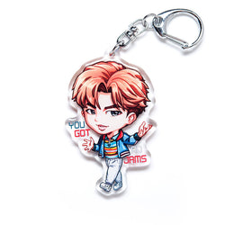 Premium BTS acrylic keychain featuring double-sided designs of all seven members: RM, Jin, Suga, J-Hope, Jimin, V, and Jungkook. Vibrant, scratch-resistant colors with a stylish glitter epoxy coating. Perfect for accessorizing backpacks, lanyards, and Ita bags. Durable silver D-clasp ensures long-lasting use. A must-have collectible and the perfect gift for ARMY and K-pop enthusiasts