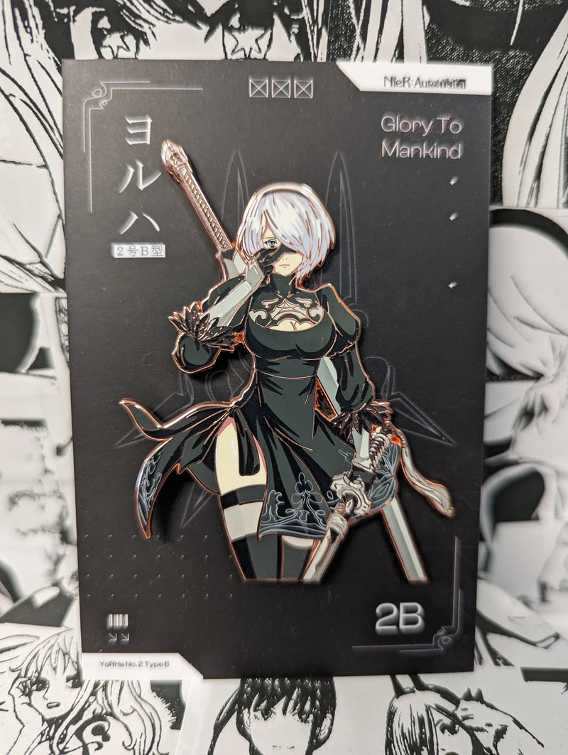 2B Enamel Pin Collection – Limited Edition Collectibles Featuring 2B from NieR: Automata. Premium Black Nickel Finish, Hard Enamel with Print Details, Numbered with Lasered Logo, Large 3 Inches (7.6 cm), Double Butterfly Clutch for Secure Attachment. Perfect Anime Merchandise for NieR: Automata and 2B Fans, Collectors, and Enthusiasts. Includes Exclusive 2B Design, Anime Accessories, Otaku Gifts, Anime Convention Collectibles, and Cosplay Accessories.