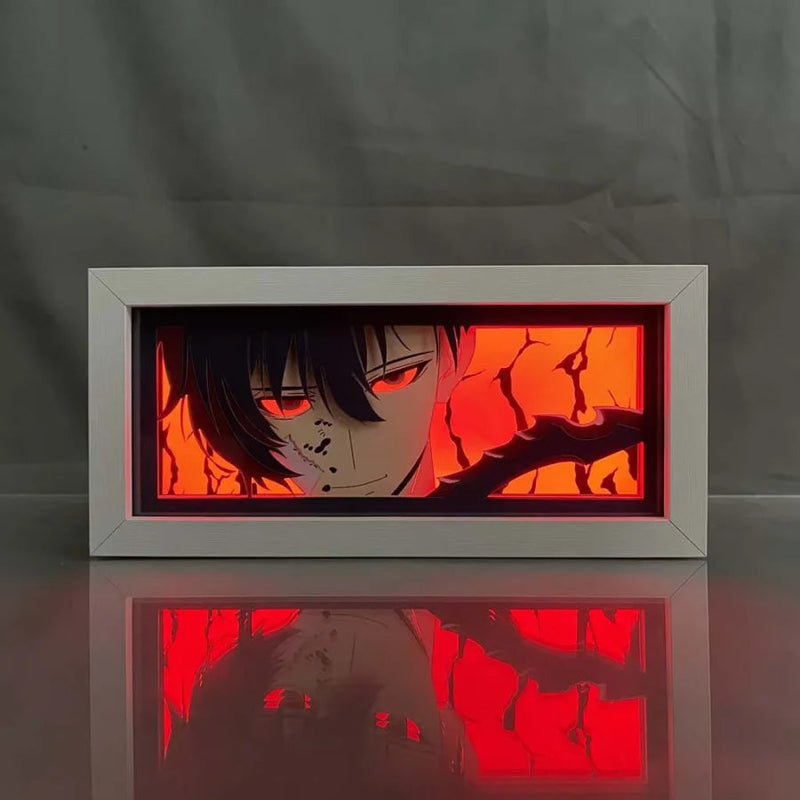 Custom Solo Leveling anime light box with 3D paper carving and RGB LED lights featuring Sung Jinwoo. Remote-controlled colors create a dynamic Shadow Monarch-inspired ambiance, perfect for anime decor, collectors, and gaming setups. Handmade and ideal for Solo Leveling fans, this unique piece makes a great gift for birthdays, Christmas, and anime lovers. Perfect for desks, bedrooms, and themed spaces.