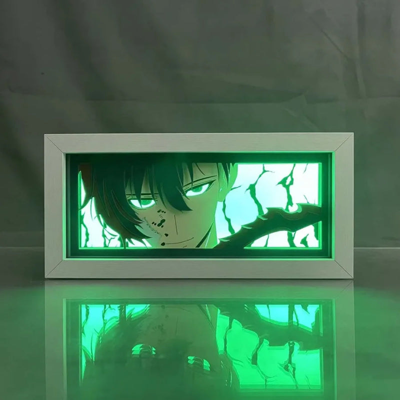 Custom Solo Leveling anime light box with 3D paper carving and RGB LED lights featuring Sung Jinwoo. Remote-controlled colors create a dynamic Shadow Monarch-inspired ambiance, perfect for anime decor, collectors, and gaming setups. Handmade and ideal for Solo Leveling fans, this unique piece makes a great gift for birthdays, Christmas, and anime lovers. Perfect for desks, bedrooms, and themed spaces.