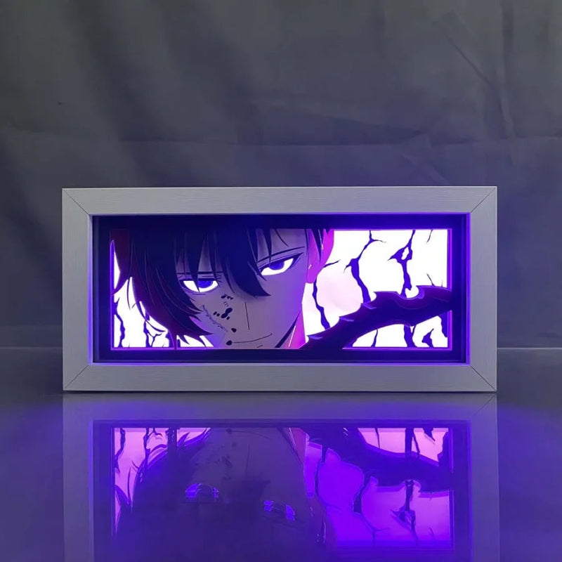 Custom Solo Leveling anime light box with 3D paper carving and RGB LED lights featuring Sung Jinwoo. Remote-controlled colors create a dynamic Shadow Monarch-inspired ambiance, perfect for anime decor, collectors, and gaming setups. Handmade and ideal for Solo Leveling fans, this unique piece makes a great gift for birthdays, Christmas, and anime lovers. Perfect for desks, bedrooms, and themed spaces.