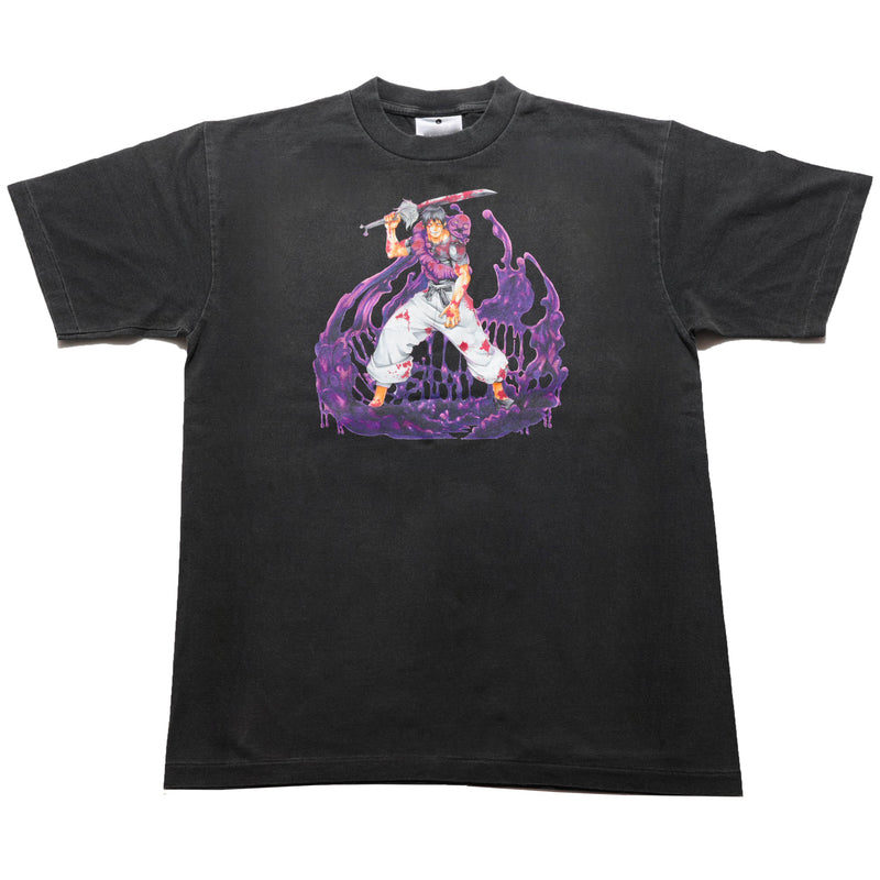 Jujutsu Kaisen anime oversized washed T-shirt featuring Yuji Itadori, Megumi Fushiguro, Nobara Kugisaki, Satoru Gojo, Suguru Geto, Toji Fushiguro, Ryomen Sukuna, Nanami Kento, Maki Zenin, Panda, Toge Inumaki, Mahito, Jogo and Hanami graphic design on black washed cotton shirt