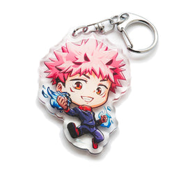 Must-have Jujutsu Kaisen acrylic keychain with double-sided designs of Yuji, Gojo, and Nobara. Vibrant, scratch-resistant colors and glitter epoxy coating make it stand out. Perfect for backpacks, lanyards, and Ita bags. Durable silver D-clasp ensures long-lasting quality. A limited edition collectible and the perfect gift for anime fans and collectors