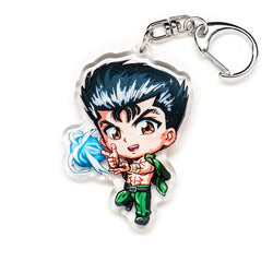 Classic Yu Yu Hakusho acrylic keychain featuring double-sided designs of Yusuke, Kurama, Hiei, Kuwabara, and Botan. Bold, vibrant, scratch-resistant colors with a glitter epoxy coating for an eye-catching look. Perfect for accessorizing backpacks, lanyards, and Ita bags. Durable silver D-clasp ensures long-lasting quality. A must-have collectible and the perfect gift for Yu Yu Hakusho fans and anime lovers!