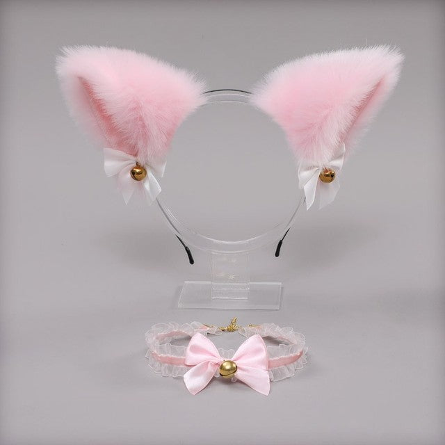 Kawaii Neko Cat Ears Choker Collar Necktie Bowtie Cosplay Halloween Party Headband Heart Girl Maid Anime  Lolita Ribbon Pink Costume Animal  Fox Long Fur 