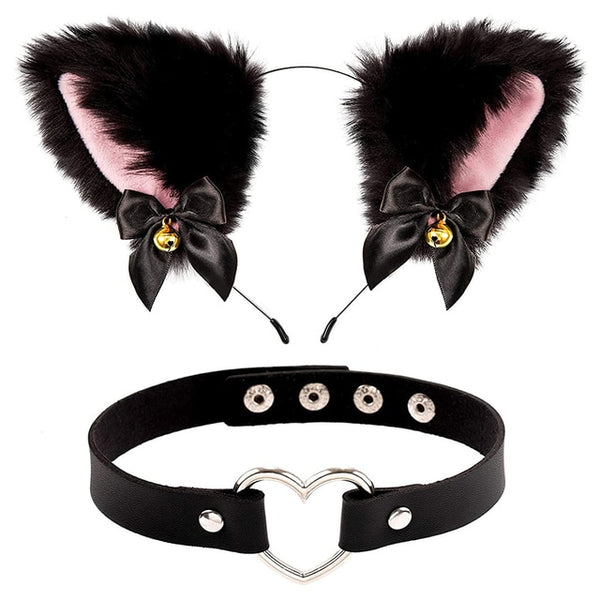 Kawaii Neko Cat Ears Choker Collar Necktie Bowtie Cosplay Halloween Party Headband Heart Girl Maid Anime  Lolita Ribbon Pink Costume Animal  Fox Long Fur 