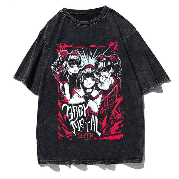 Death Metal Rock and Roll Vampire Girl Band J-Goth Punk Rock Gothic Wa Gothic Harajuku Anime Girl Y2K Classic Vintage Retro Washed Anime T-Shirt Tee Harajuku Streetwear Mang Aesthetic Handmade Japanese Culture JK Casual Printed Anime Pattern Cosplay Comic Con Festival Gift Apparel Clothing Heavy Cotton Oversized Tee Tokyo Otaku Weeb Fashion