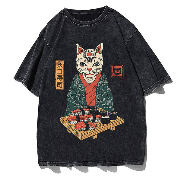 Neko Sensesi Ramen Yakuza Syndicate Vintage Anime Oversized T-Shirt Oyabun Samurai Ninja Ronin Japan Feudal Funny T-shirt Cat Kawaii Cute Streetwear Y2K Classic Vintage Retro Washed Anime T-Shirt Tee Harajuku Streetwear Mang Aesthetic Handmade Japanese Culture JK Casual Printed Anime Pattern Cosplay Comic Con Festival Gift Apparel Clothing Heavy Cotton Oversized Tee Tokyo Otaku Weeb Fashion